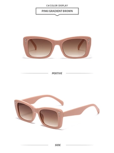 Detail of pink square sunglasses with rhinestone accents and gradient brown lenses