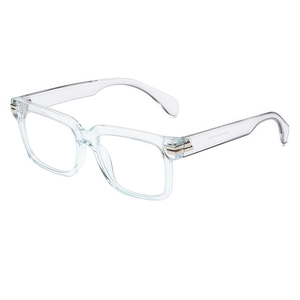 Fashionable transparent square frame glasses with gold metal accents from a 45-degree angle