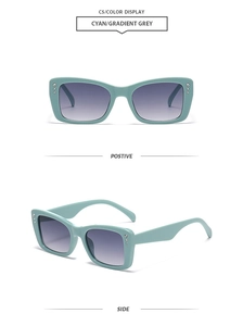 Detail of cyan square sunglasses C5 with gradient grey lenses and side rhinestones
