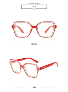 Detailed views of red transparent square glasses frame showing front and side angles