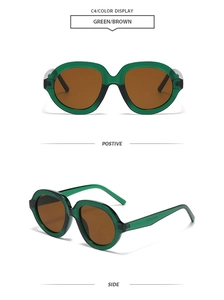 Front and side views of green oversized retro sunglasses with brown lenses on white back