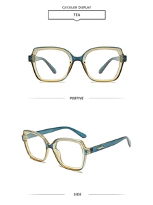Detail view of tea and blue oversized square glasses frame with gold metal accents
