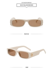 Détails de lunettes de soleil carrées jaune riz avec verres bruns et ornements dorés