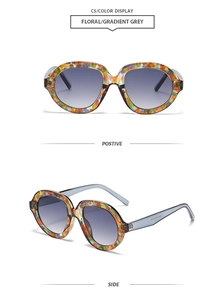 Floral frame sunglasses with gradient grey lenses shown in front and side views