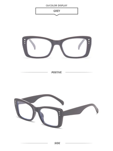 Front and side view of grey rectangular sunglasses with vertical rhinestones details