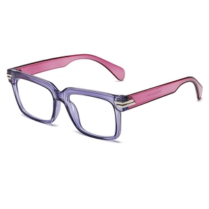 Retro square frame glasses with purple front and rose red temples for a stylish look