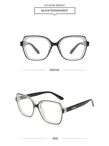 Detail of black transparent oversized frames with gold temple accents in two views