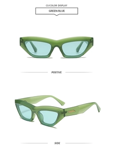 Detail view of retro cat-eye sunglasses with green translucent frames and blue lenses