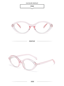 Detailed views of pink translucent oval cat-eye sunglasses frames from front and side angles