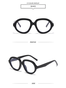 Detail view of large retro round frames with blue light blocking lenses in black finish
