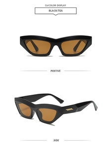 Detail view of cat-eye sunglasses with black frames, tea lenses, and gold side accents