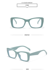 Detail view of cyan square frame sunglasses with decorative rhinestones on the side