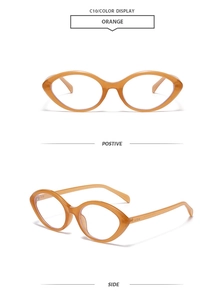 Front and side views of orange transparent oval cat-eye sunglasses frames for women