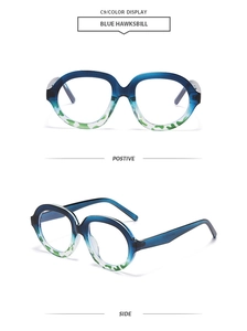 Front and side view of large retro blue hawksbill gradient frames for sunglasses