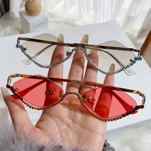 Women Sunglasses Rhinestone Diamond Rimless Metal Frame Polygon Rhombic UV400 Protection Fashion Party Ins Style