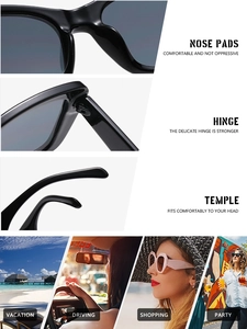 Detailed macro view of reinforced hinges and nose pads on black square sunglasses