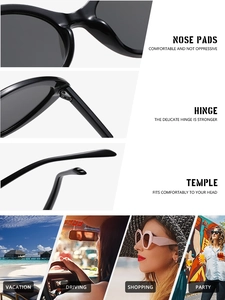 Detail view of reinforced hinges and comfortable nose pads on black oval sunglasses