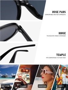 Detailed views of sunglasses features including metal hinges and comfortable nose pads
