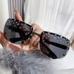 Frameless rimless square sunglasses with rhinestone crystals and grey gradient lenses