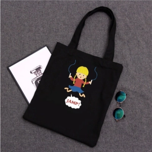 Women Canvas Tote Bag Cartoon Girl Jump Rope Print Harajuku Casual Shoulder Bag With Zipper Large Capacity