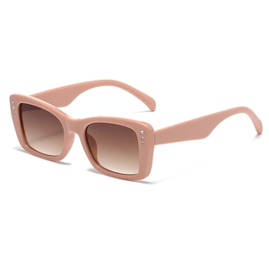 Modern nude pink rectangular sunglasses with gradient brown lenses and rhinestone accents