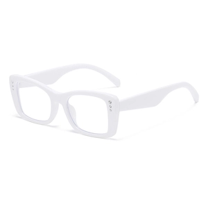 Modern white square frame sunglasses with rhinestone accents in a minimalist retro style