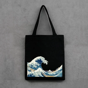 Detail of Great Wave off Kanagawa print on high-quality black canvas tote bag