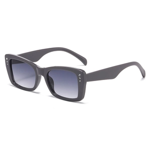 Fashion square sunglasses with dark grey frames, rhinestone accents, and purple gradient lenses