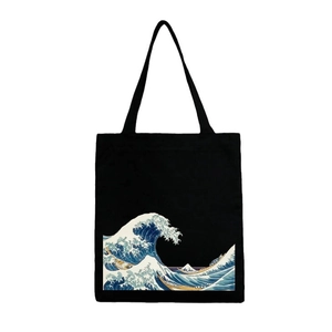 Japanese Ukiyo-e Great Wave print black canvas tote bag with long shoulder straps