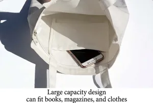 White canvas tote bag with zipper closure and functional inner pocket for smartphone