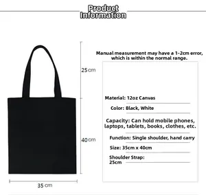 Size chart for the 12oz canvas tote bag showing dimensions 35x40cm and strap height
