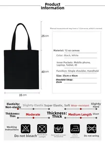 Detailed size chart of black canvas tote bag showing 35x40cm dimensions and inner pockets