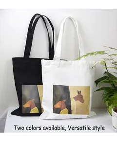 Artistic cartoon deer print canvas tote bag available in black and white colors