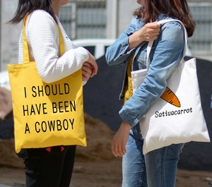 Minimalist large capacity canvas tote bags with Cowboy and Carrot graphic prints
