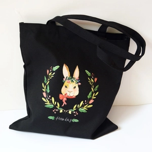 Sac fourre-tout en toile noire avec motif lapin fleuri et texte Fine Day pour femme
