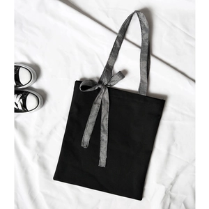 Women Black Canvas Tote Bag With Gingham Bow Ribbon Strap Korean Academy Style School Shoulder Bag Minimalist Handbag