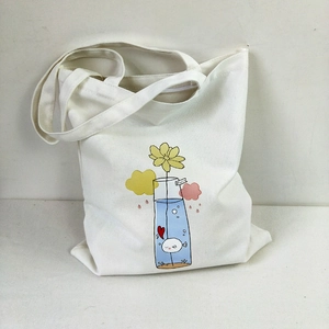 Minimalist cream canvas tote bag with artistic cartoon print and long handles