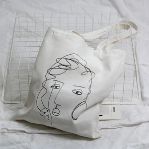 Grand sac fourre-tout en toile blanche avec illustration de portrait minimaliste noir