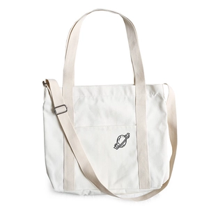 Borsa tote in tela bianca con logo pianeta, doppi manici e tracolla regolabile