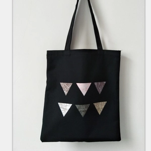 Minimalist black canvas tote bag with marble texture geometric triangles for women