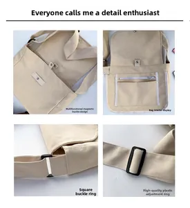 Detail view of magnetic snap, interior zipper pocket and adjustable shoulder strap buckle