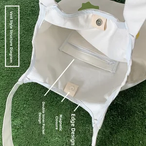Dettaglio dell'interno della borsa in tela bianca con doppie tasche e chiusura magnetica