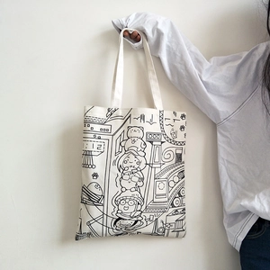 Canvas Tote Bag Cartoon Print Shoulder Handbag Zipper Closure Large Capacity Casual Artsy Shopping Bag For Women