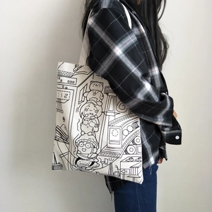 Minimalist canvas tote bag featuring creative Japanese cartoon illustration and wide shoulder strap