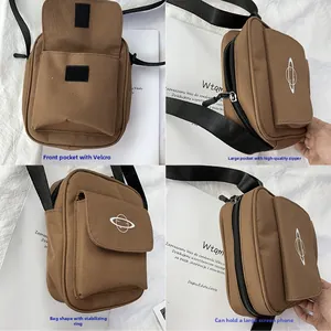 Detail view of brown canvas crossbody bag with Velcro front pocket and sturdy zipper