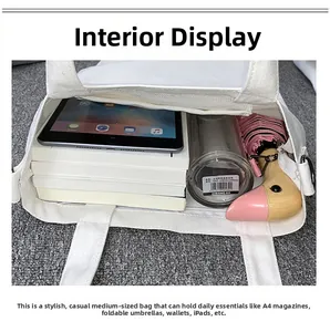 Vue détaillée de l'intérieur du sac en toile blanche montrant la grande capacité de rangement