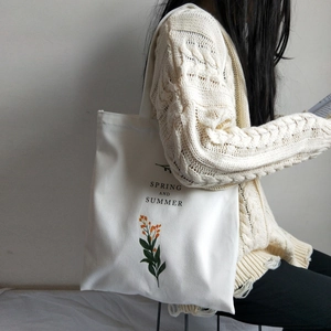 Floral Print Canvas Tote Bag Spring And Summer Letter Zipper Closure Large Capacity Shoulder Handbag For Women Student