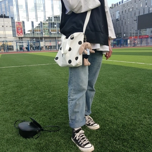 Lazy style white canvas crossbody bag with black polka dots and cute bunny pendant