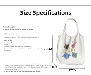 Detailed internal specs and dimensions of the white canvas tote bag with cartoon print