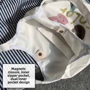 Detail of canvas tote bag featuring secure magnetic clasp and interior zipper pocket